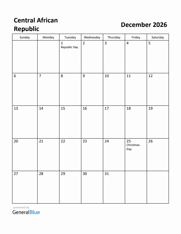 December 2026 Calendar with Central African Republic Holidays
