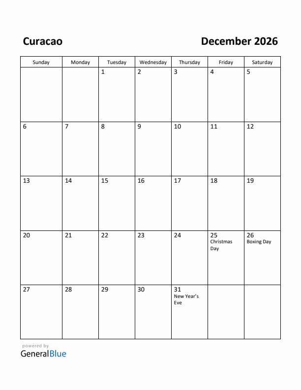 December 2026 Calendar with Curacao Holidays