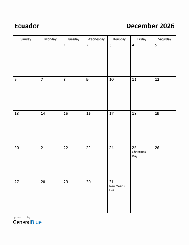 December 2026 Calendar with Ecuador Holidays