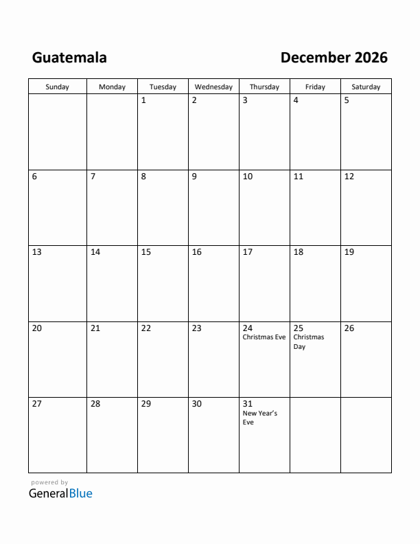 December 2026 Calendar with Guatemala Holidays