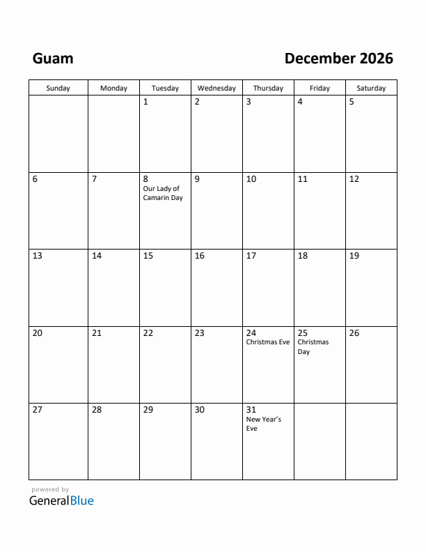 December 2026 Calendar with Guam Holidays