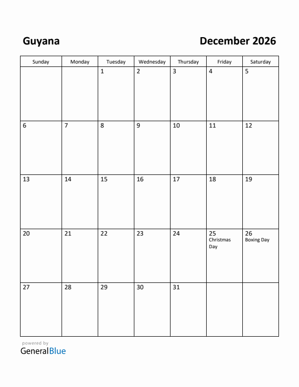 December 2026 Calendar with Guyana Holidays