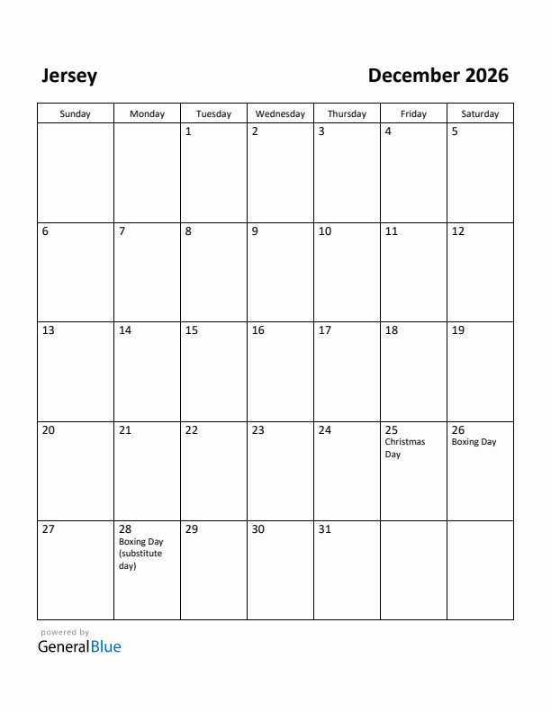 December 2026 Calendar with Jersey Holidays