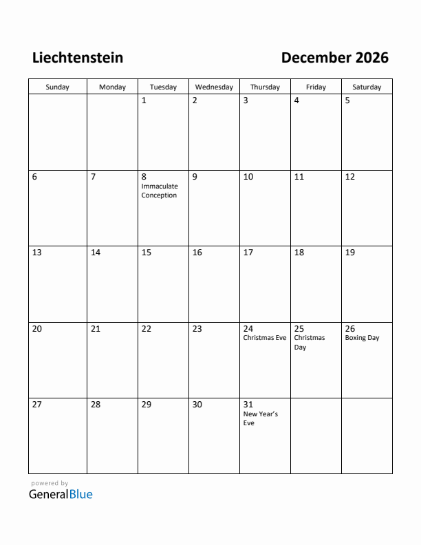 December 2026 Calendar with Liechtenstein Holidays