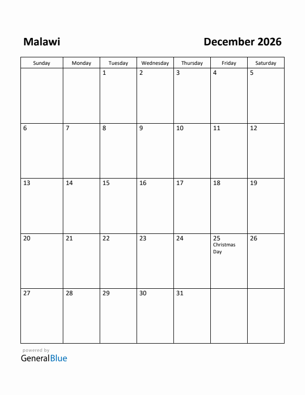 December 2026 Calendar with Malawi Holidays