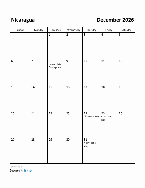 December 2026 Calendar with Nicaragua Holidays