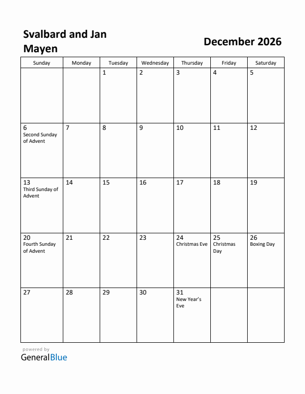 December 2026 Calendar with Svalbard and Jan Mayen Holidays