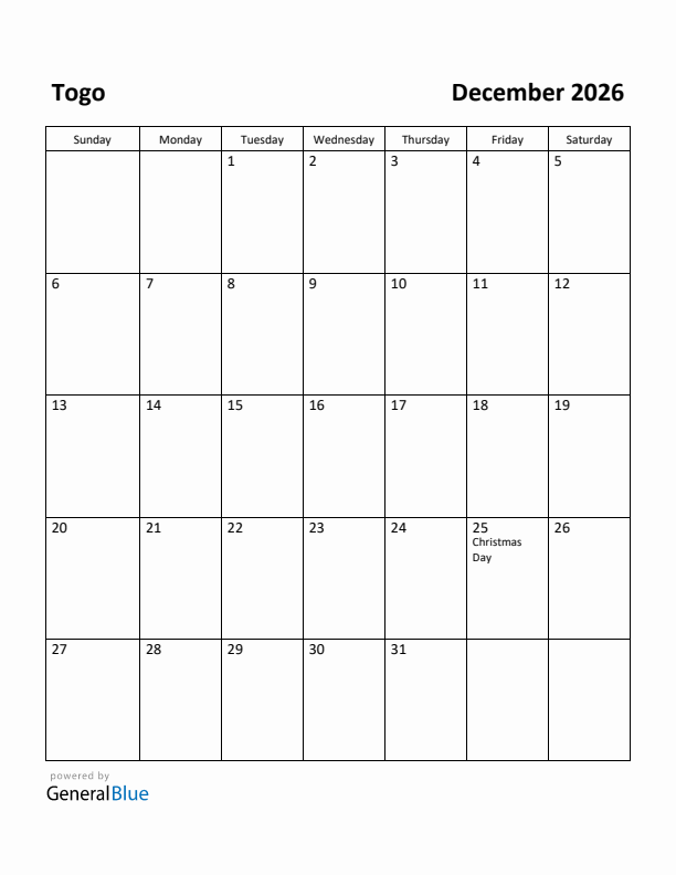 December 2026 Calendar with Togo Holidays