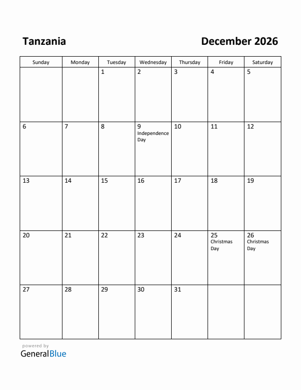 December 2026 Calendar with Tanzania Holidays