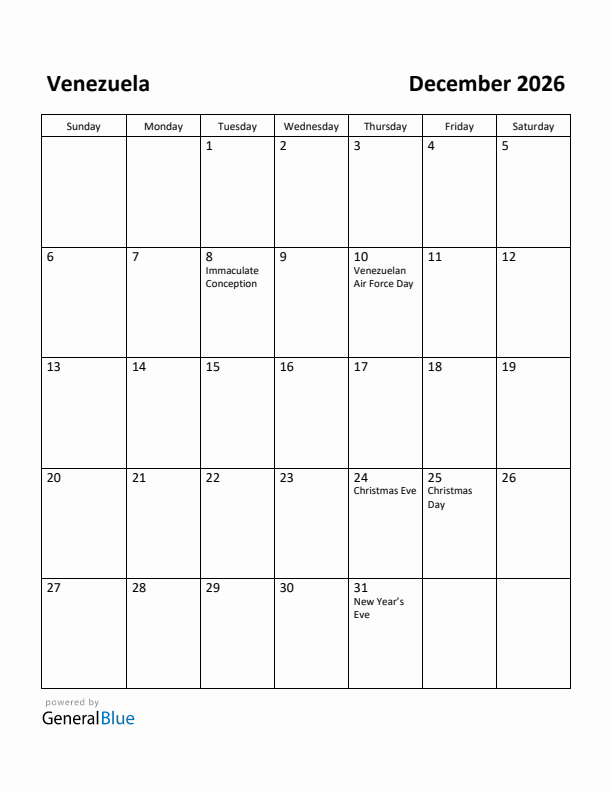 December 2026 Calendar with Venezuela Holidays