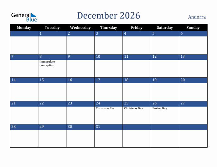 December 2026 Andorra Calendar (Monday Start)