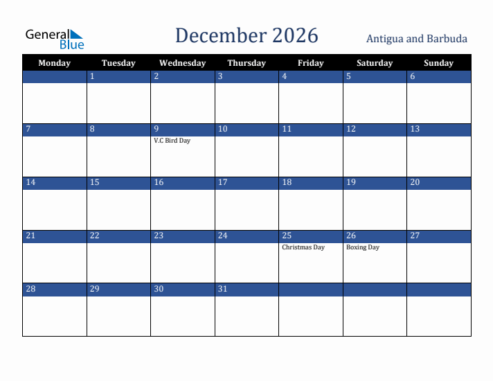 December 2026 Antigua and Barbuda Calendar (Monday Start)
