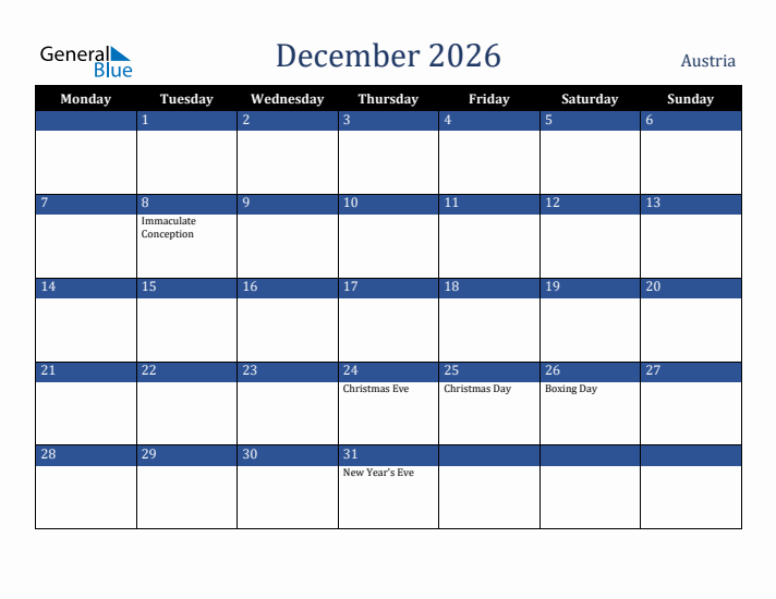 December 2026 Austria Calendar (Monday Start)