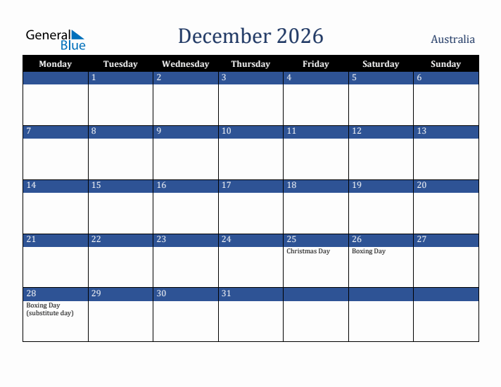 December 2026 Australia Calendar (Monday Start)