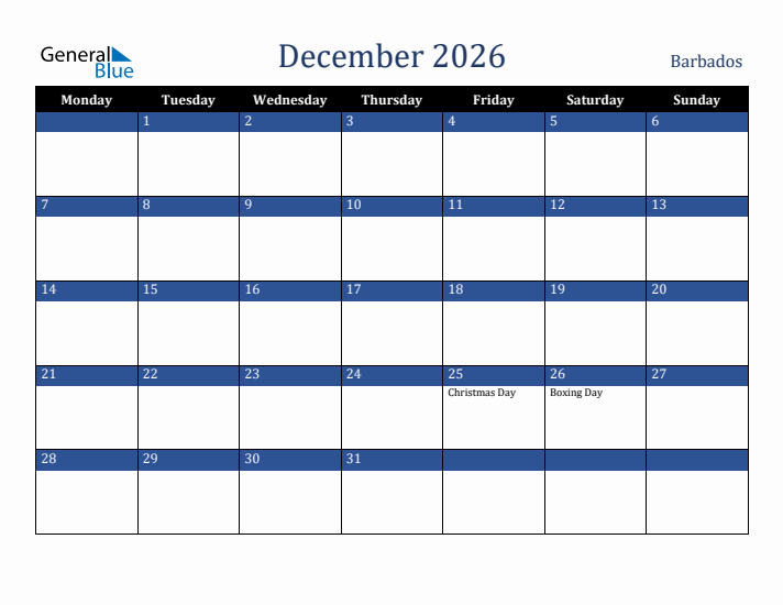 December 2026 Barbados Calendar (Monday Start)