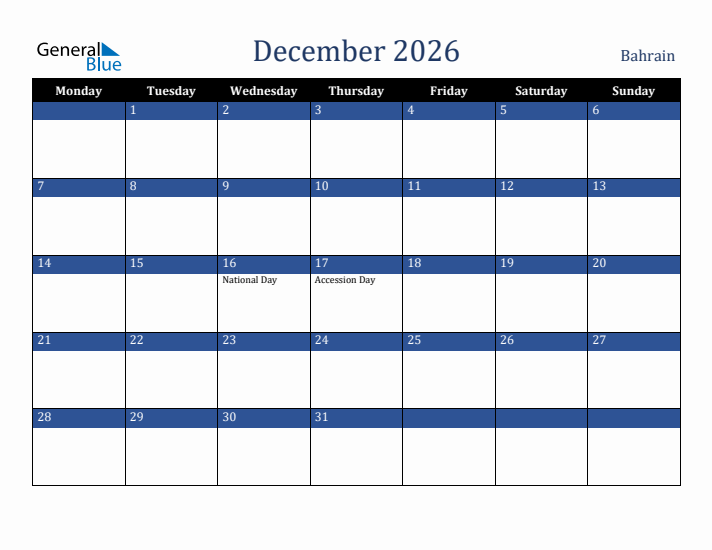 December 2026 Bahrain Calendar (Monday Start)