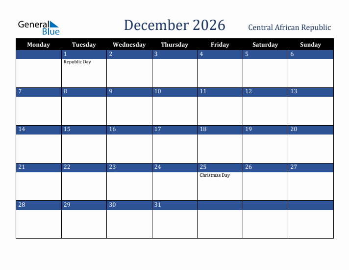 December 2026 Central African Republic Calendar (Monday Start)