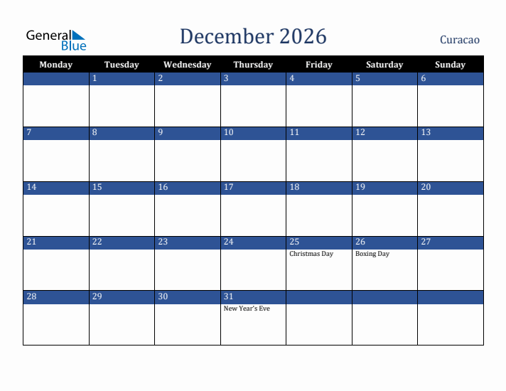 December 2026 Curacao Calendar (Monday Start)