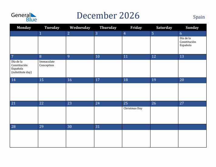 December 2026 Spain Calendar (Monday Start)
