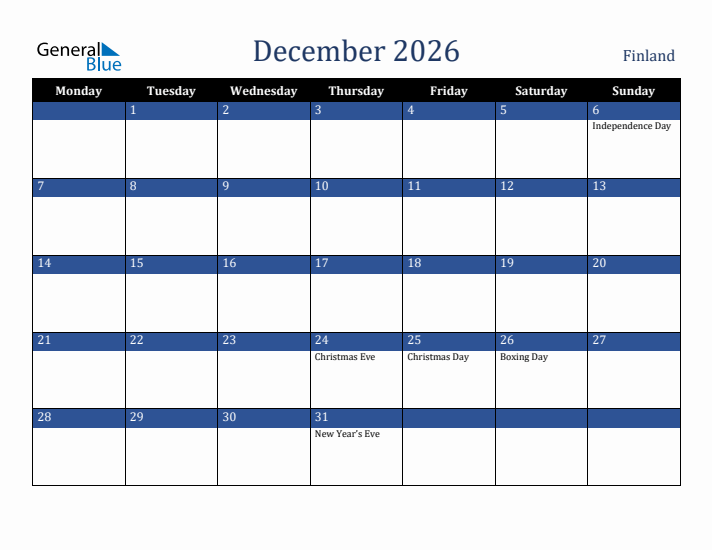 December 2026 Finland Calendar (Monday Start)