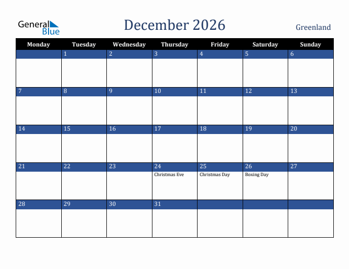 December 2026 Greenland Calendar (Monday Start)