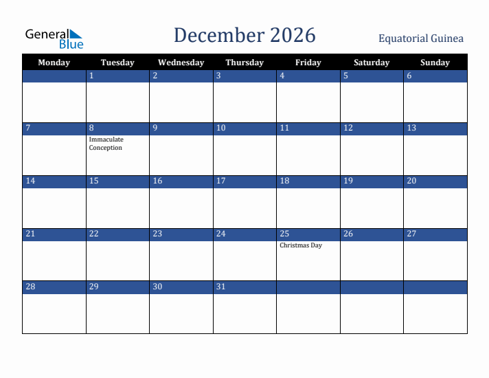 December 2026 Equatorial Guinea Calendar (Monday Start)