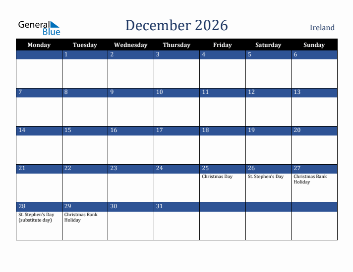 December 2026 Ireland Calendar (Monday Start)