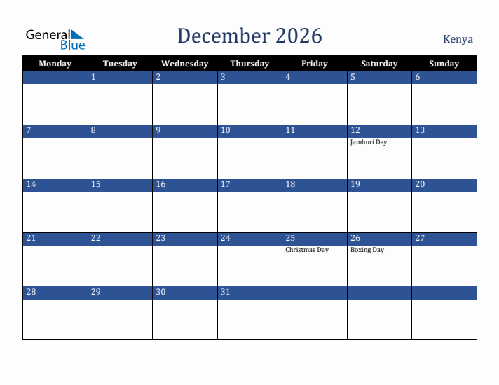 December 2026 Kenya Calendar (Monday Start)