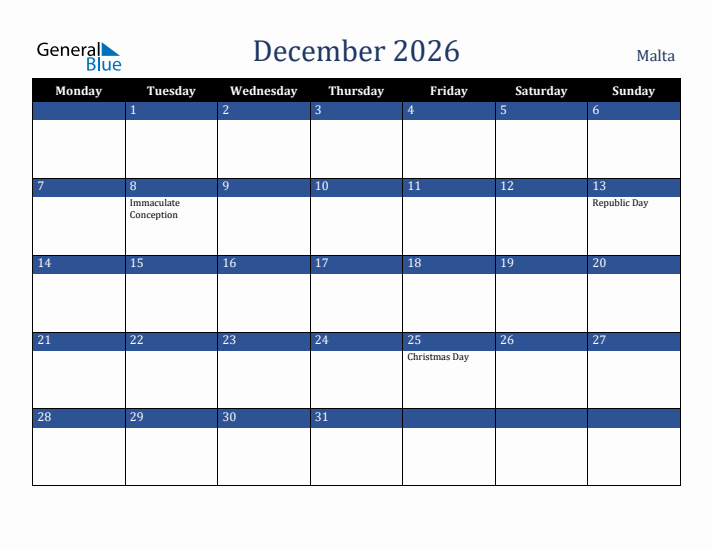 December 2026 Malta Calendar (Monday Start)