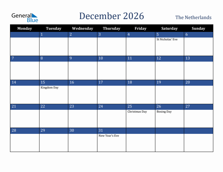 December 2026 The Netherlands Calendar (Monday Start)