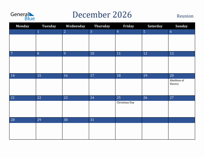 December 2026 Reunion Calendar (Monday Start)