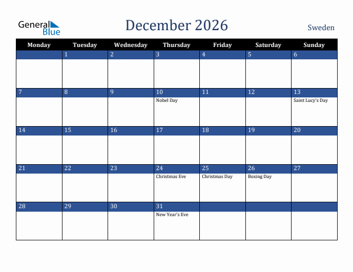 December 2026 Sweden Calendar (Monday Start)