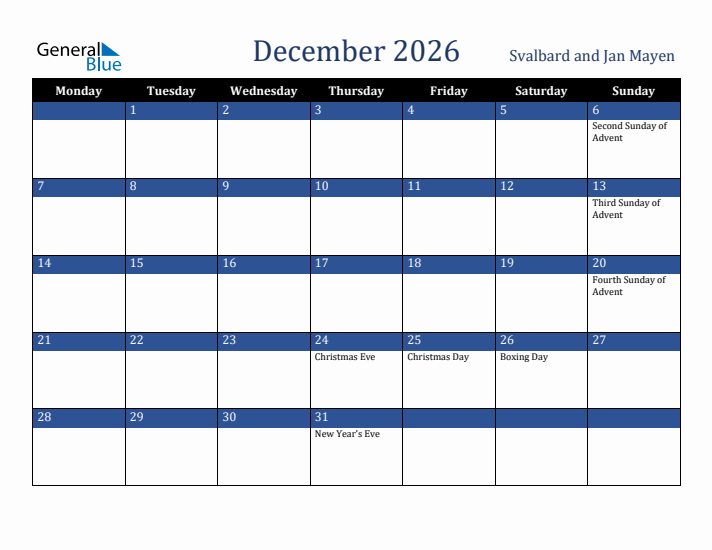 December 2026 Svalbard and Jan Mayen Calendar (Monday Start)