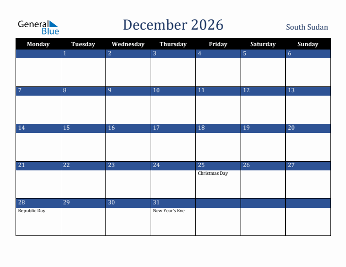 December 2026 South Sudan Calendar (Monday Start)