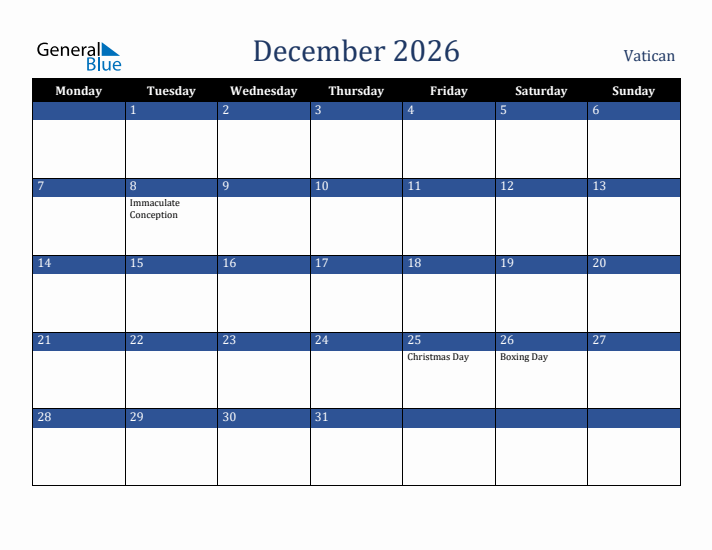 December 2026 Vatican Calendar (Monday Start)