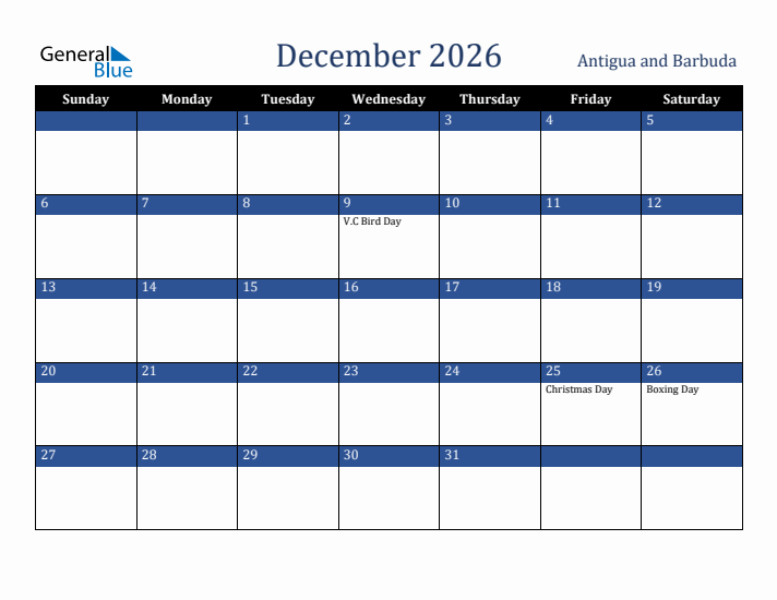 December 2026 Antigua and Barbuda Calendar (Sunday Start)