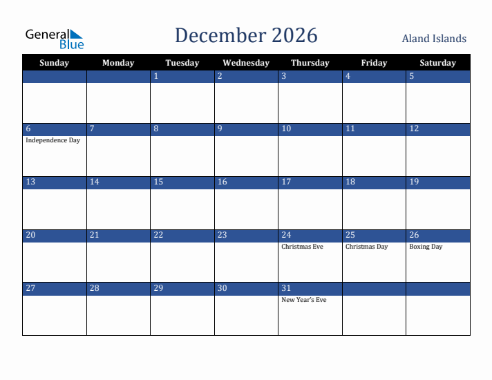 December 2026 Aland Islands Calendar (Sunday Start)