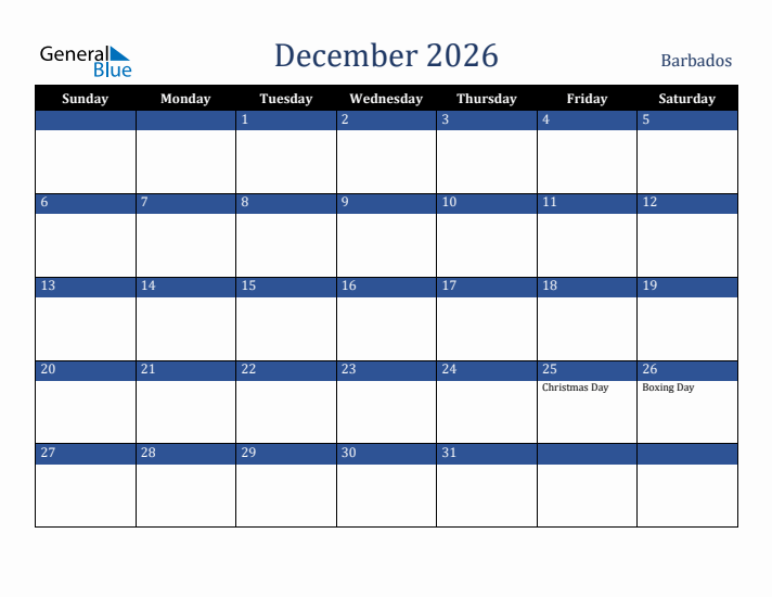 December 2026 Barbados Calendar (Sunday Start)