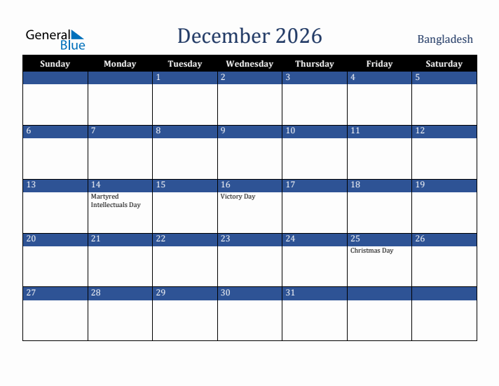December 2026 Bangladesh Calendar (Sunday Start)