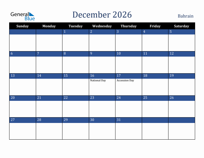 December 2026 Bahrain Calendar (Sunday Start)
