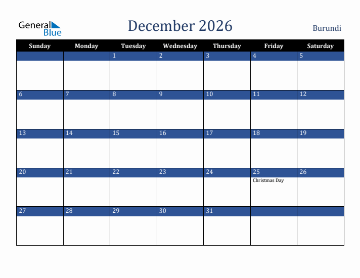 December 2026 Burundi Calendar (Sunday Start)