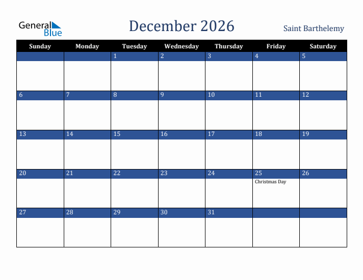 December 2026 Saint Barthelemy Calendar (Sunday Start)