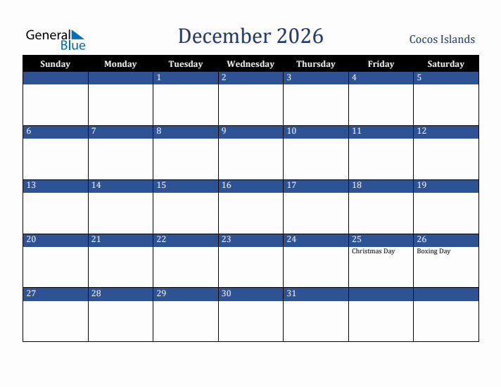 December 2026 Cocos Islands Calendar (Sunday Start)
