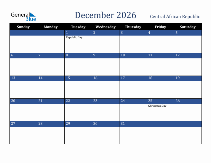 December 2026 Central African Republic Calendar (Sunday Start)
