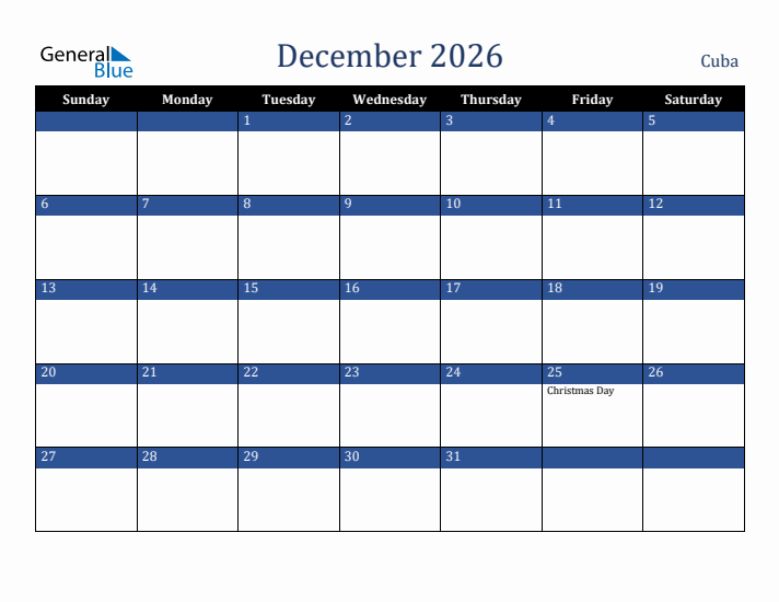 December 2026 Cuba Calendar (Sunday Start)