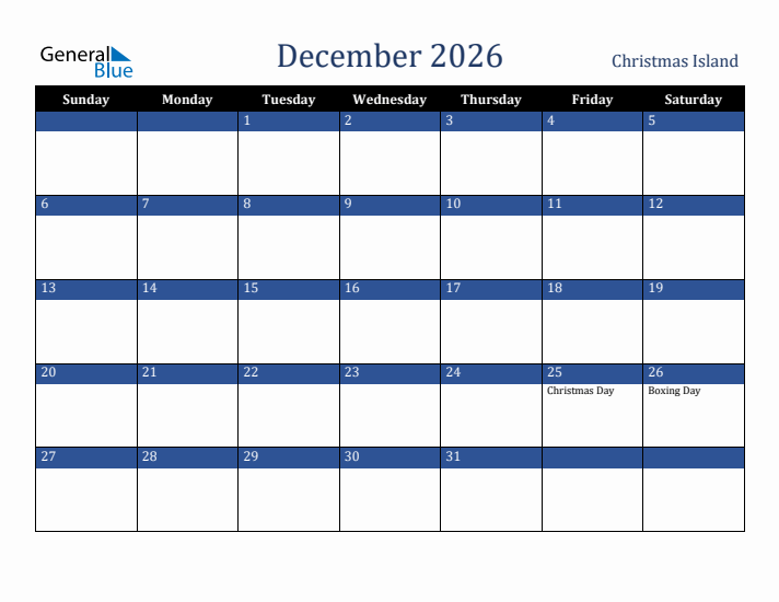 December 2026 Christmas Island Calendar (Sunday Start)