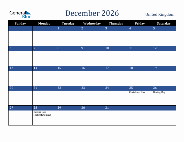 December 2026 United Kingdom Calendar (Sunday Start)