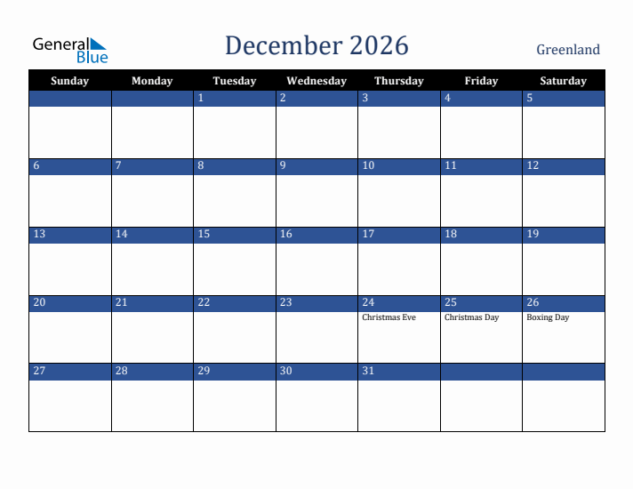 December 2026 Greenland Calendar (Sunday Start)