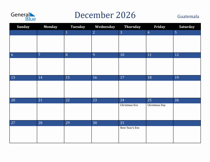 December 2026 Guatemala Calendar (Sunday Start)
