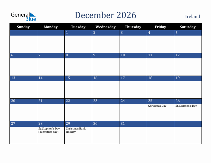 December 2026 Ireland Calendar (Sunday Start)